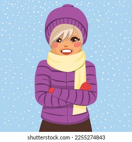 Vector illustration of senior woman feeling cold bad weather outdoors during winter. Old female portrait on snow day outside in wintertime