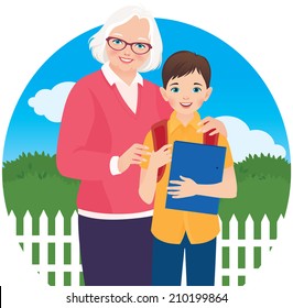 Vector illustration senior woman grandmother and her grandson schoolboy