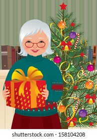 Vector illustration of an senior woman holding a Christmas gift