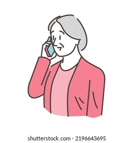 Vector Illustration Of A Senior Woman Making A Phone Call On Her Cell Phone.