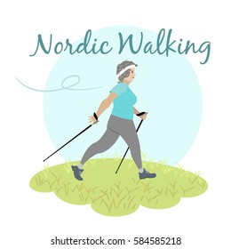 Vector illustration of senior woman at the nordic walk at park.