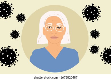 Vector Illustration of a senior woman surrounded by viruses. Concept of global epidemic of the 2019-ncov virus and the elderly who are at risk