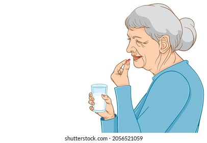 Vector illustration of senior woman taking vitamin pill, medicine or capsule with glass of water, in front of her mouth for medical health care, on white, Medication and health care concepts