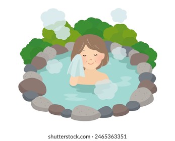 Vector illustration of a senior woman taking a hot spring bath