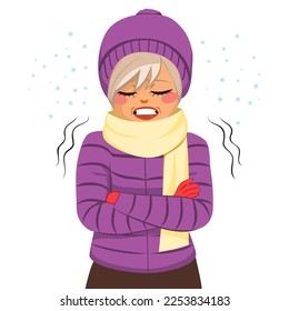 Vector illustration of a senior woman wearing warm clothes on snowy winter season day. Shivering person feeling cold during seasonal snowstorm 