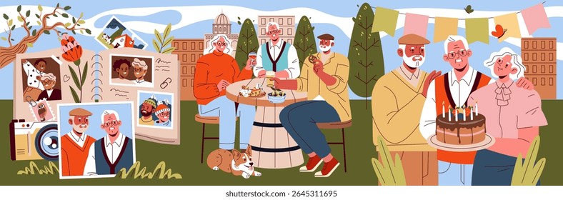 Vector illustration of seniors celebrating a birthday with a cake outdoors. Happy expressions, sharing food, drinks, and photos create a heartwarming atmosphere of togetherness and joy.