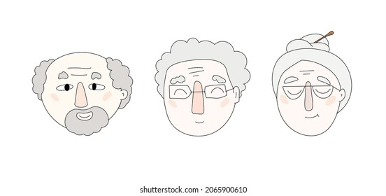 Vector illustration. Seniors faces set. Three faces of old men. Color picture. Social program to support the elderly.