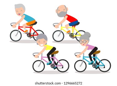 Vector illustration of seniors riding on bicycle, Happy retired people. Healthy lifestyle.

