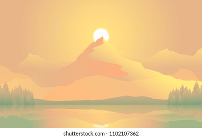 vector illustration of senset over maountain peak, evergreen forest on the lake shore