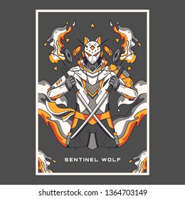 Vector illustration. Sentinel wolf in dark background. For t-shirt design, poster, sticker.