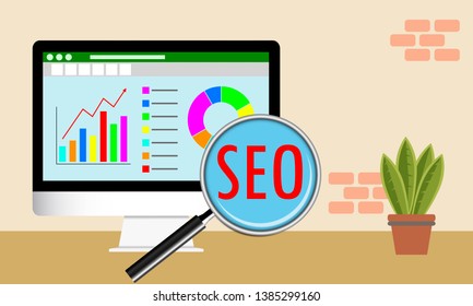 Vector illustration of SEO Concept. Magnifying glass on computer for a search engine optimization, analytics, media rank, content positioning, and analysis.