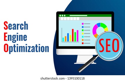 Vector illustration of SEO Concept. Magnifying glass on computer for a search engine optimization, analytics, media rank, content positioning, and analysis.