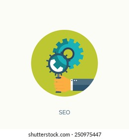 Vector illustration. SEO. Flat computing background. Programming and coding. Web development and search. Search engine optimization. Innovation and technologies. Mobile app.