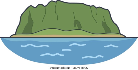 Vector illustration of Seongsan Ilchulbong tuff cone surrounded by the ocean in Jeju Island.
