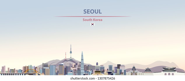 Vector Illustration Of Seoul City Skyline On Colorful Gradient Beautiful Day Sky Background With Flag Of South Korea