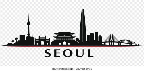 Vector illustration of Seoul city skyline silhouette, featuring iconic landmarks like N Seoul Tower, Lotte World Tower, and traditional Korean architecture.