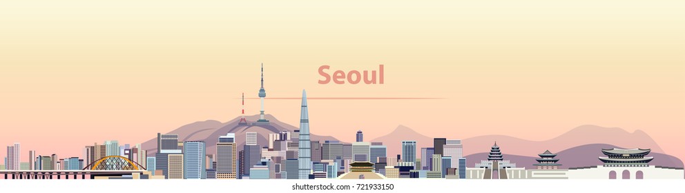 Vector Illustration Of Seoul City Skyline At Sunrise