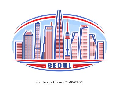Vector illustration of Seoul, horizontal logo with linear design famous seoul city scape on day sky background, asian urban line art concept with decorative lettering for blue word seoul on white.