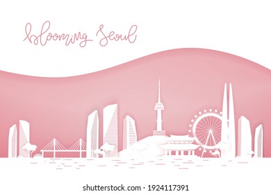 Vector illustration of Seoul in a period of cherry blossom with hand lettering. Seasonal background. Spring badge, card, invitation, banner template. Spring lettering typography poster. EPS 10