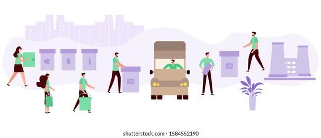 Vector illustration Separate collection, transportation, sorting, recycling of waste by people. Garbage sorting management concept. Eco friendly green city. Flat style Design for website, print