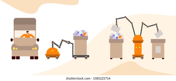 Vector illustration Separate collection, transportation, sorting, recycling of waste by people, robot. Garbage sorting management concept. Eco friendly green city. Flat style Design for website, print