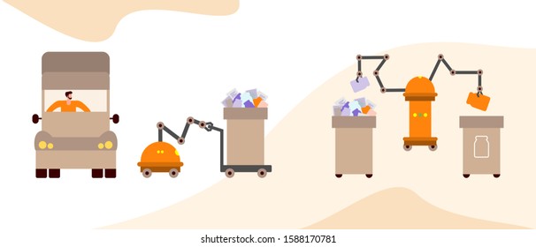 Vector illustration Separate collection, transportation, sorting, recycling of waste by people, robot. Garbage sorting management concept. Eco friendly green city. Flat style Design for website, print