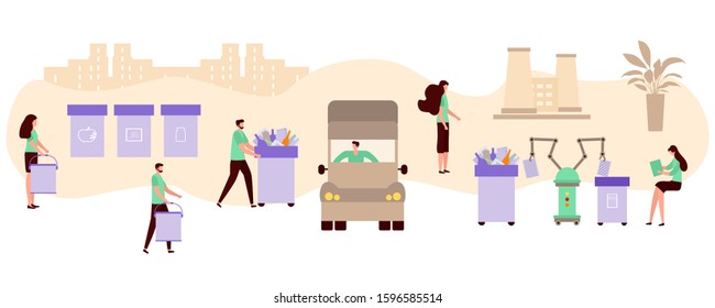 Vector illustration Separate collection, transportation, sorting, recycling of waste by people, robot. Garbage sorting management concept. Eco friendly green city. Flat style Design for website, print