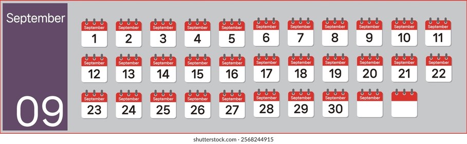 Vector (Illustration) of September calendar made with numbers in the shape of icons