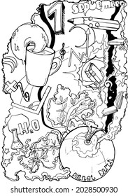 vector illustration September first,school,globe,books,chemical formula,notes, month,pencil and cup with donut,drawing with black liner