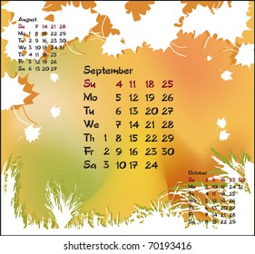 Vector illustration of September with maple leaves and grass.