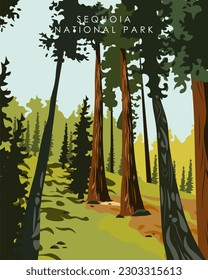 Ilustración vectorial. Parque Nacional Sequoia, Estados Unidos. Bosque, secuoia. Diseño para afiches, postales, banners. Cartel de viaje. Cartel de campamento.