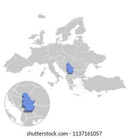 Vector illustration of Serbia in blue on the grey model of Europe map with zooming replica of country.