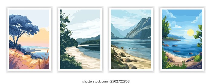 Vector illustration of a serene bay with calm waters and gentle waves. Coastal landscape featuring a tranquil harbor, sandy beach, and distant mountains. Ideal for travel guides, posters