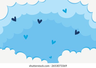 Ilustração vetorial de um céu azul sereno adornado com vários tons de corações flutuantes azuis e nuvens fofas.