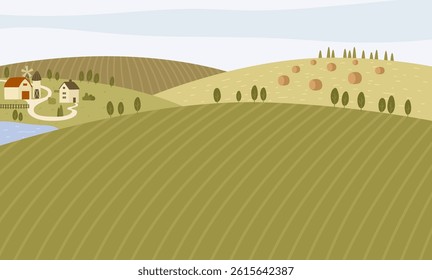Vector illustration of a serene farm field in the countryside with lush green land, colorful crops and a picturesque background reflecting agriculture.