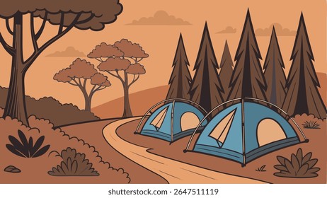Vector illustration of a serene forest campsite with blue tents, a winding path, and trees under an orange sky. Ideal for nature, adventure, and travel themes.