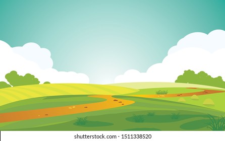 Vector illustration of a serene landscape, beautiful summer dawn, green hills, arable land and winding path, bright color blue sky, country background in flat cartoon style.