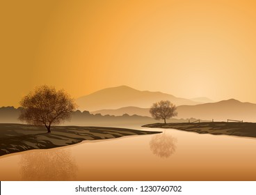 A vector illustration of a serene landscape with river, trees and mountains in the background and golden morning or evening sky.