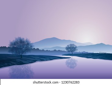 A vector illustration of a serene landscape with river, trees and mountains in the background and cool mauve morning or evening sky.