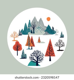 Vector Illustration of a serene landscape scene with mountains and trees in a circular frame. A circle with trees and mountains in the background.