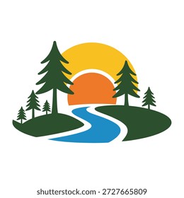 Ilustração vetorial de uma paisagem serena com um rio sinuoso e árvores no ícone do pôr do sol
