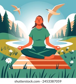 Vector illustration of a serene meditation scene outdoors, promoting relaxation and inner peace. Ideal for health and mindfulness concepts.