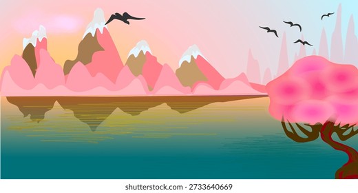 Vector illustration of a serene mountain landscape at sunset with pink peaks, calm reflective lake, teal water, blooming tree, and flying birds.