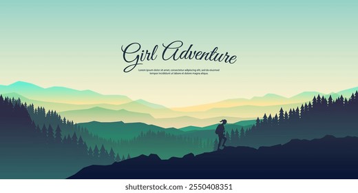 Vector illustration. Serene natural landscape with layers of mountains, forests. Silhouette of a girl hiking. Concept of female outdoor adventure, trekking, discovering nature. Calm misty scene