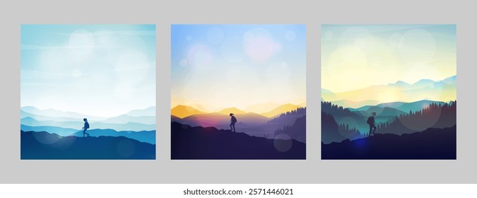 Vector illustration. Serene natural landscape with mountains, forest trees and hills. Silhouette of a girl hiking. Concept of female outdoor adventure, trekking, discovering nature. Square background