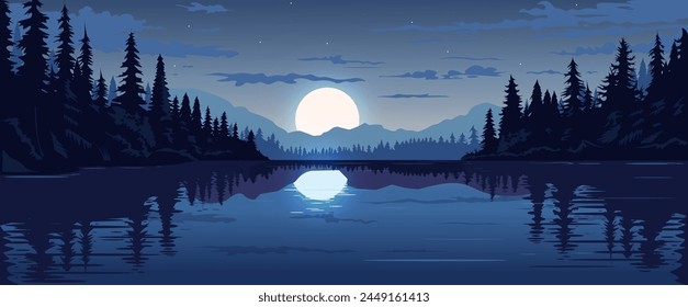 Ilustración vectorial de un paisaje nocturno sereno con un bosque, reflejando agua, y una luna Grande contra un cielo estrellado. Ilustración vectorial