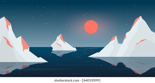 Vector illustration of a serene night landscape with icebergs, a red sunset, and water reflection. Minimalist design in blue tones, perfect for wallpapers, banners, or nature art.