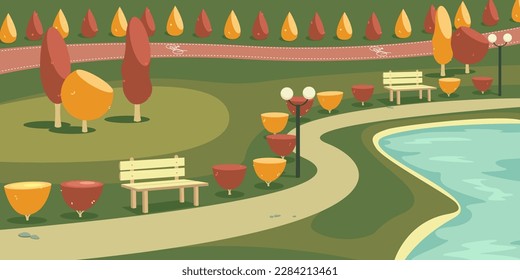 Vector Illustration of a Serene Park with Benches, Lights, and Lake during Autumn Fall Season