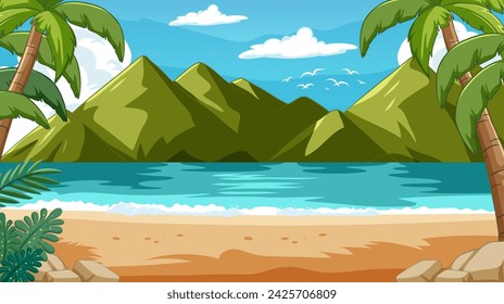Ilustración vectorial de una escena de playa tropical serena