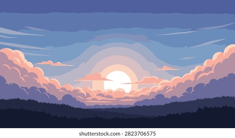 Vector illustration of a serene twilight landscape with a large round sun setting behind soft pink and orange clouds above a dark forest silhouette under a clear purple-blue sky.